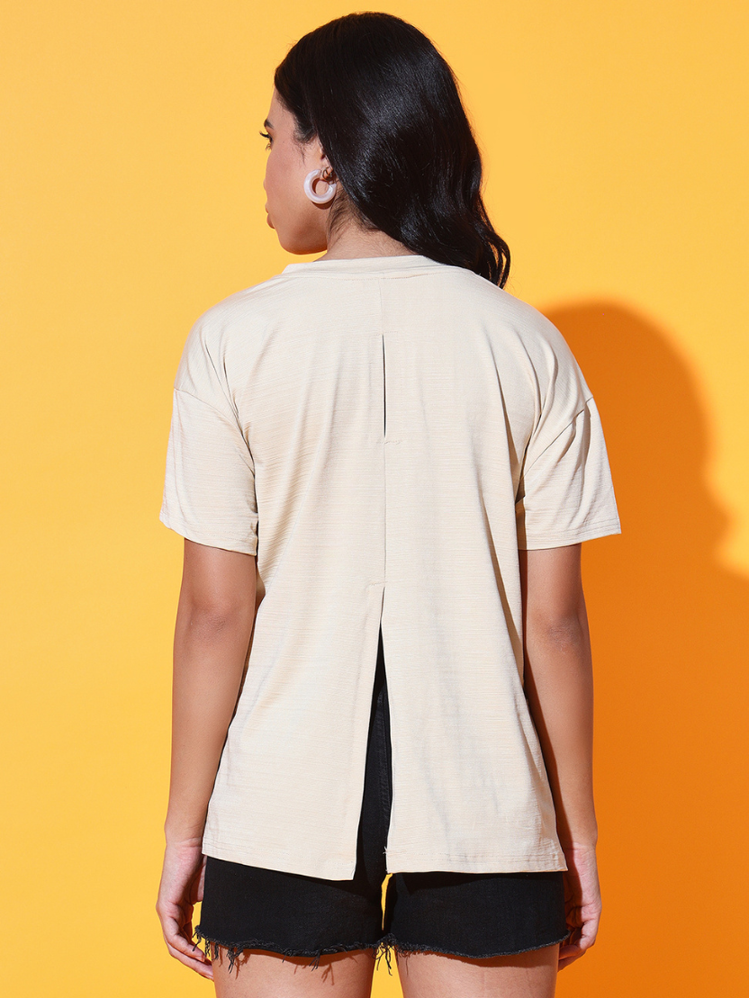 Sthula's Women Off White Solid Viscose Back Cut T-Shirt