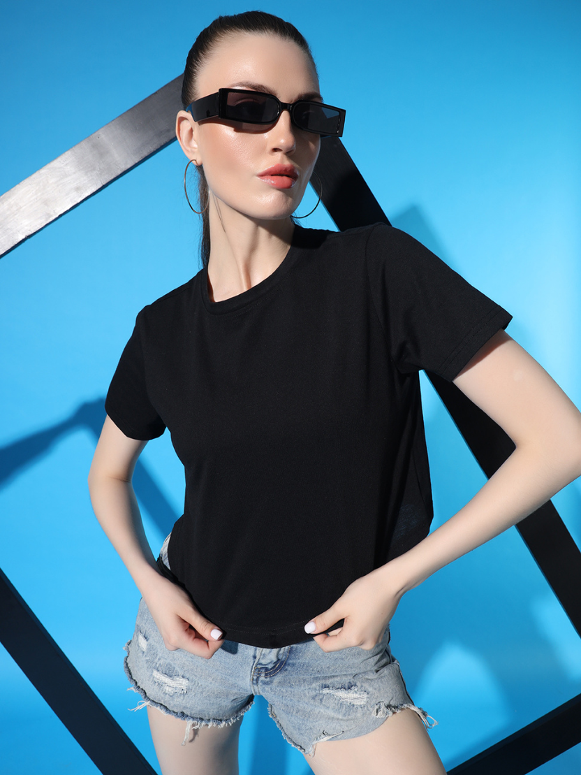 Sthula's Black V-Style Cotton T-Shirt for Women