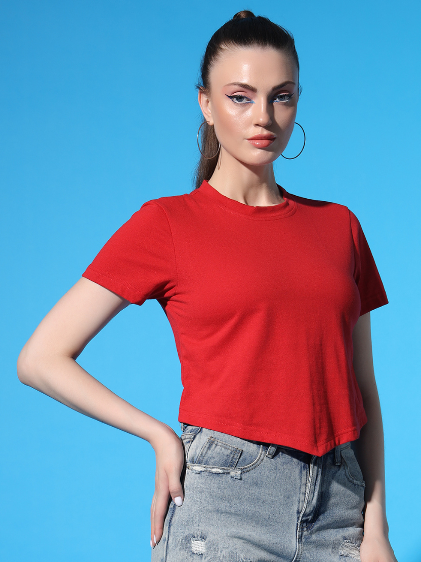 Sthula's Red Cotton V-Style T-Shirt for Women
