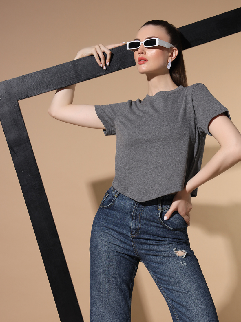 Sthula's Grey Cotton V-Style T-Shirt for Women