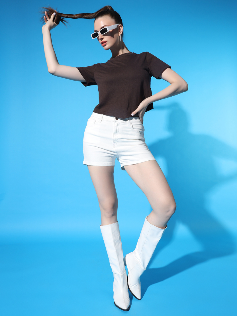 Sthula's Brown Cotton V-Style T-Shirt for Women