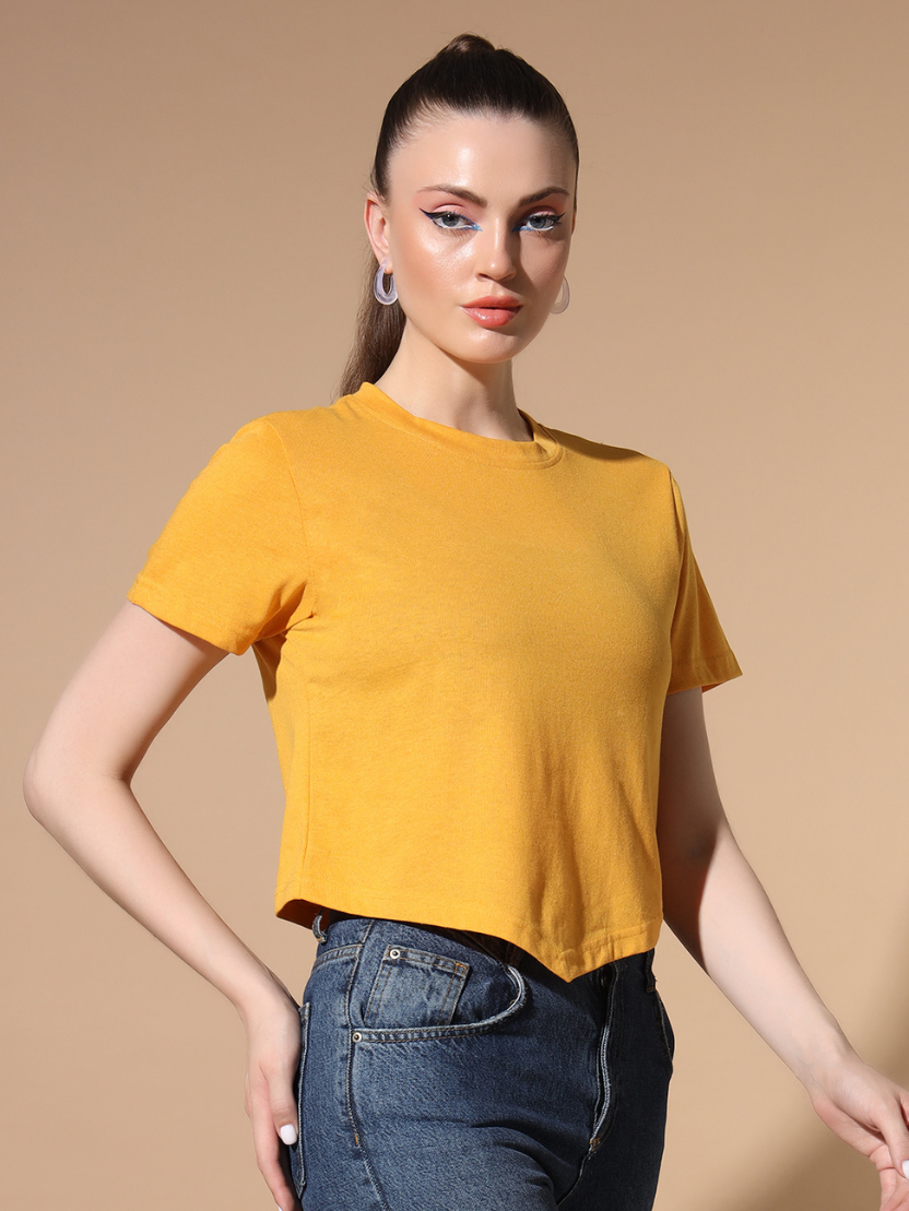 Sthula's Yellow Cotton V-Style T-Shirt for Women