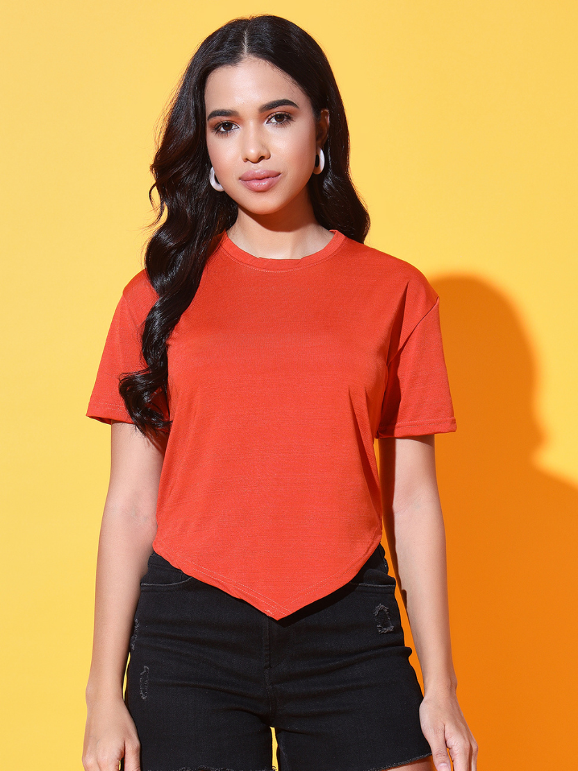 Sthula's Women Orange Solid V-Style Viscose Crop Top