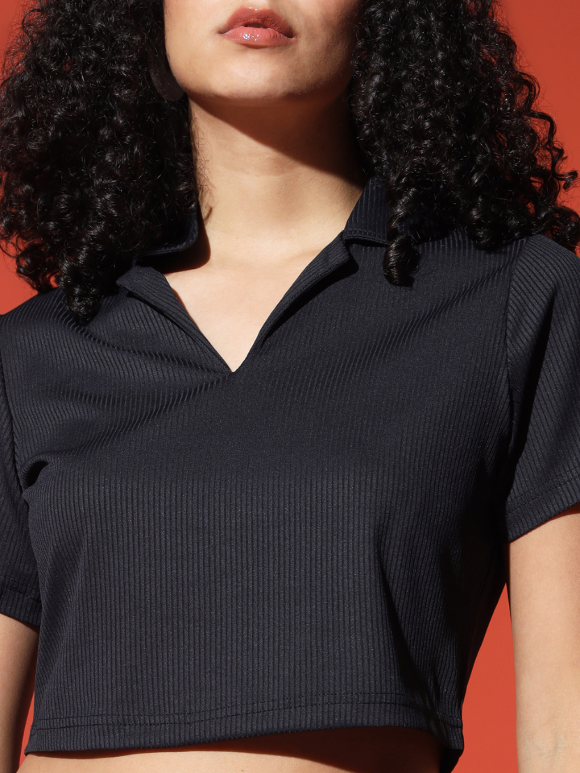 Sthula's Women Black Ribbed Solid Cotton Collar Crop Top