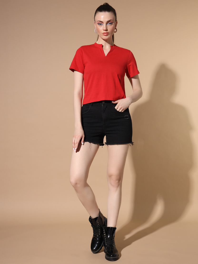 Sthula's Red Cotton V-Neck Crop Top for Women