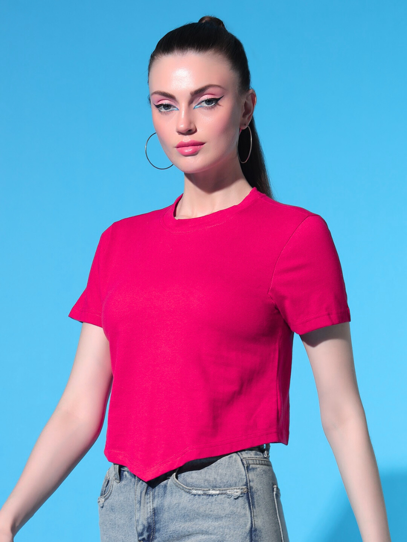 Sthula's Women Pink Solid Cotton V-Style Crop Top