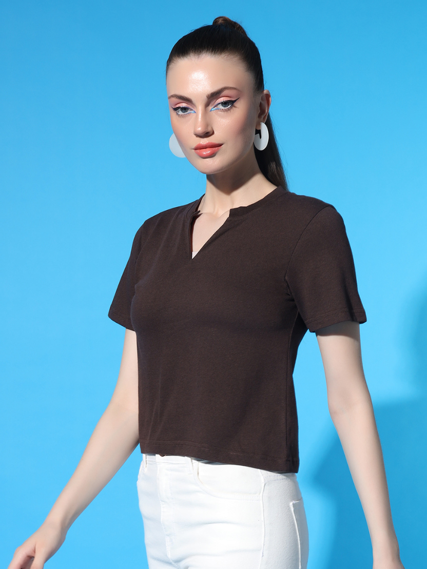 Sthula's Brown Cotton V-Neck Crop Top for Women