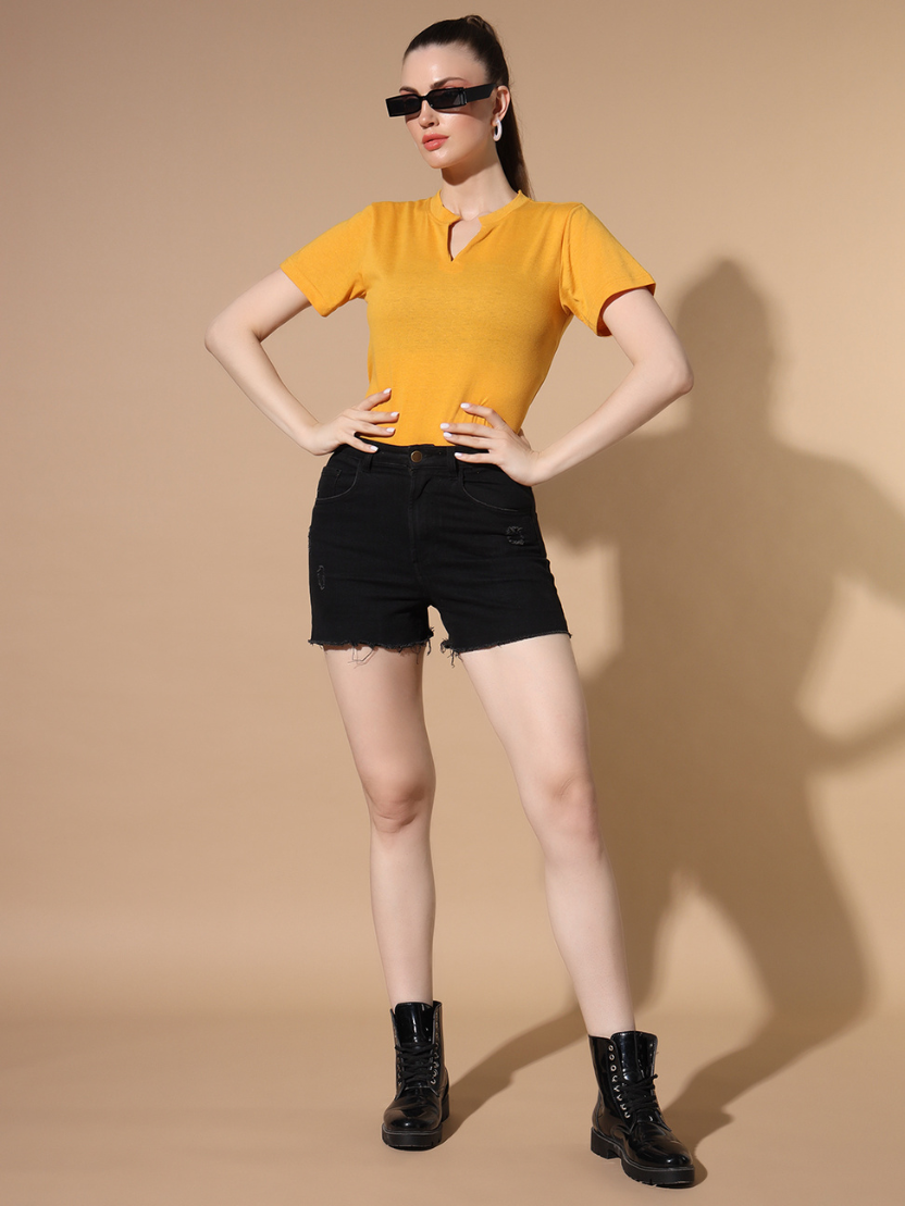Sthula's Yellow Cotton V-Neck Crop Top for Women