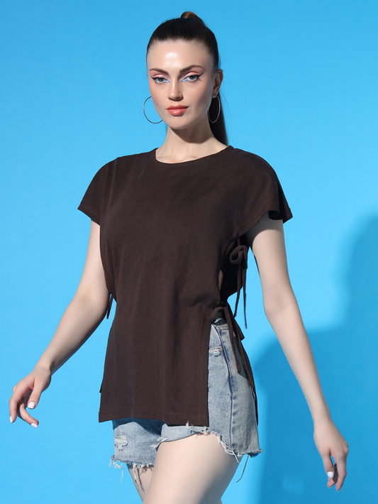 Sthula's Women Brown Solid Cotton Side Cut Top