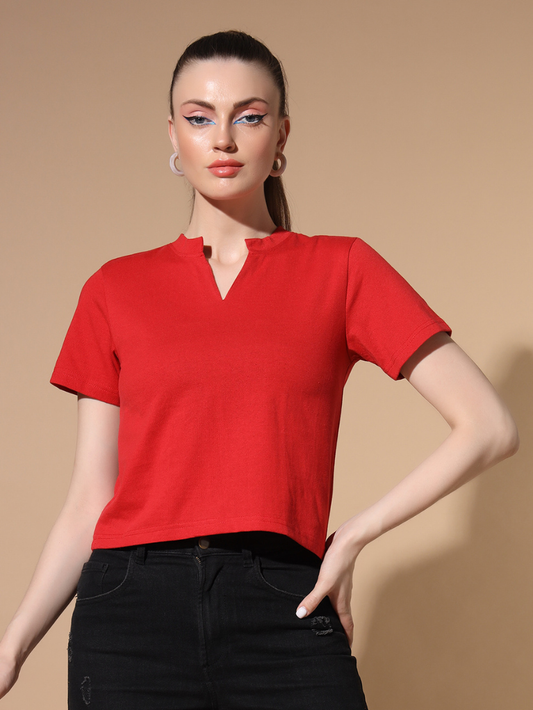 Sthula's Red Cotton V-Neck Crop Top for Women