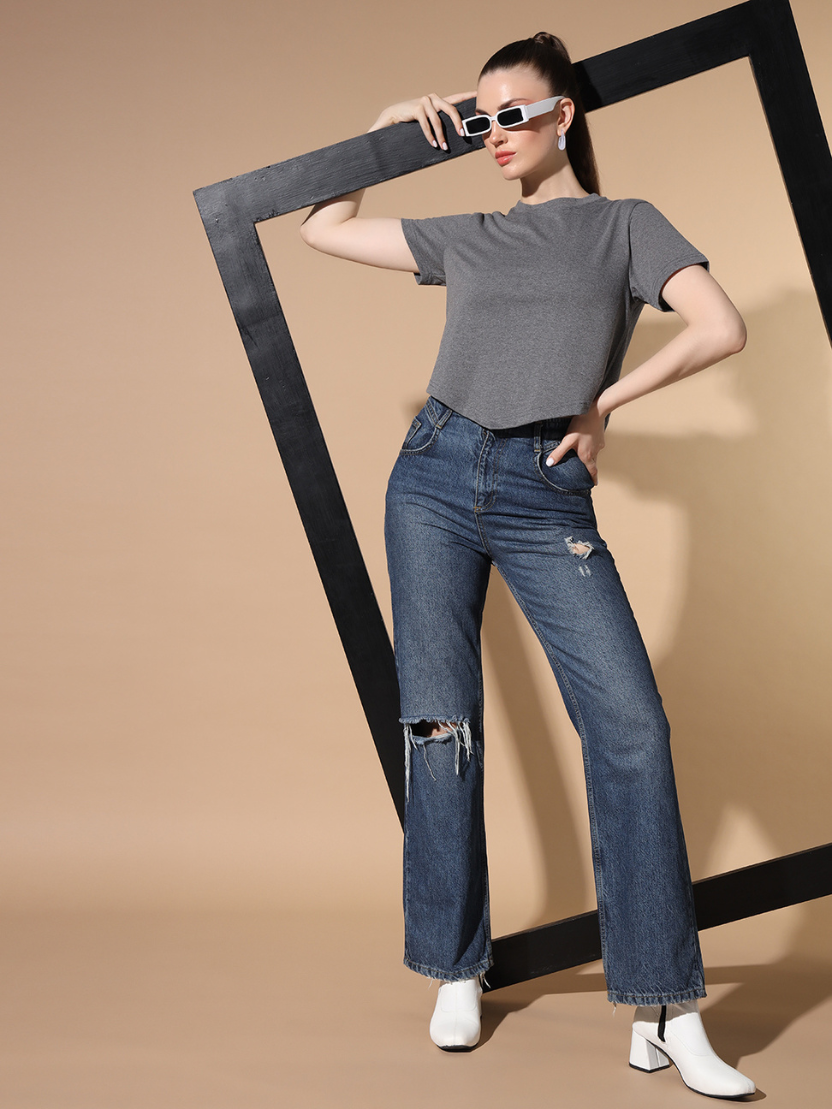 Sthula's Grey Cotton V-Style T-Shirt for Women