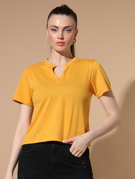 Sthula's Yellow Cotton V-Neck Crop Top for Women