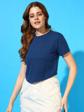 Sthula's Blue Cotton V-Style T-Shirt for Women