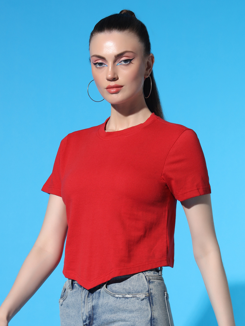 Sthula's Red Cotton V-Style T-Shirt for Women