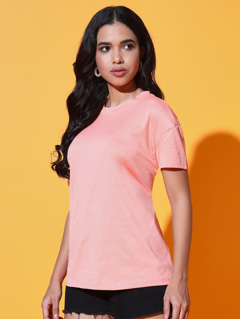 Sthula's Women Peach Solid Viscose Back Cut T-Shirt