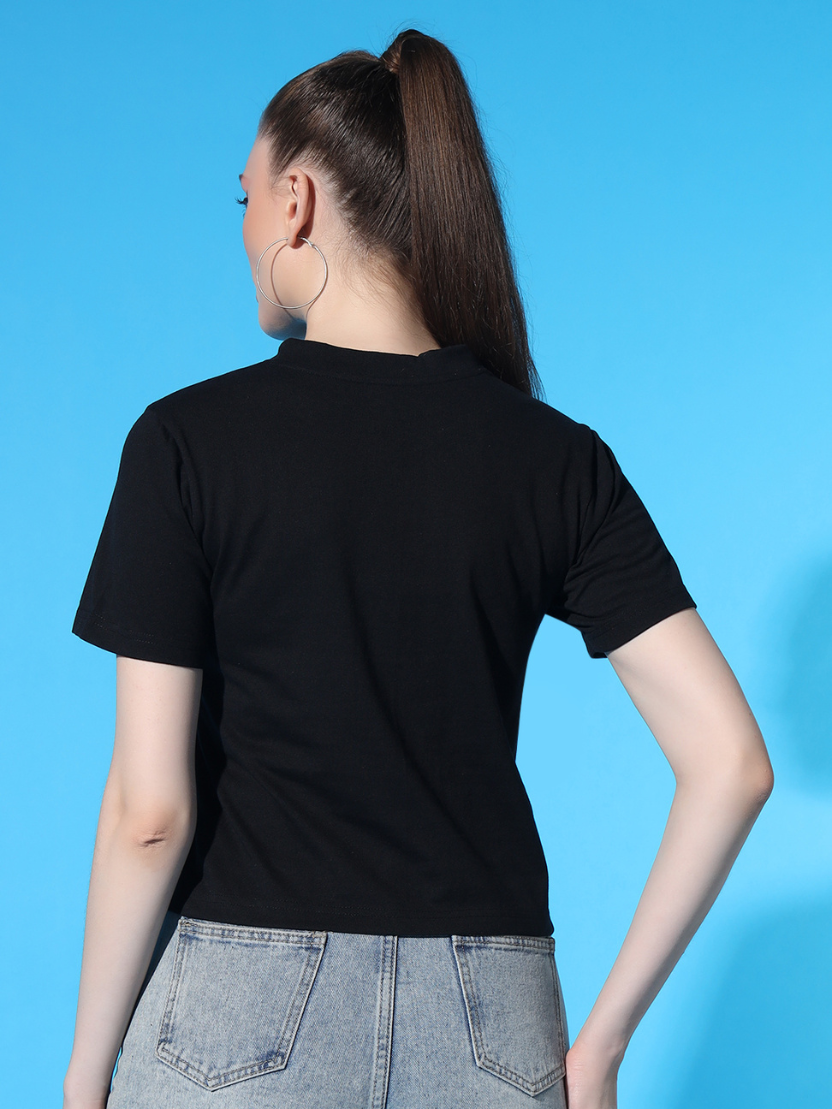Sthula's Black Cotton V-Neck Crop Top for Women