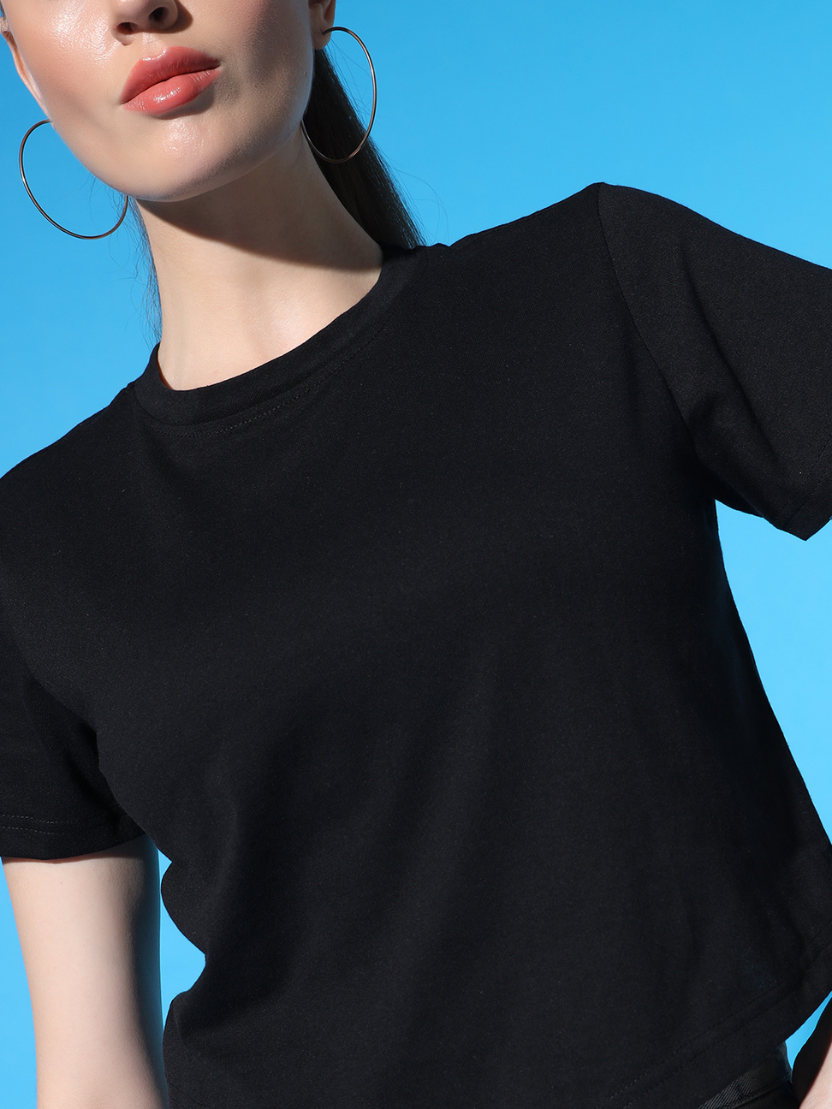 Sthula's Black V-Style Cotton T-Shirt for Women