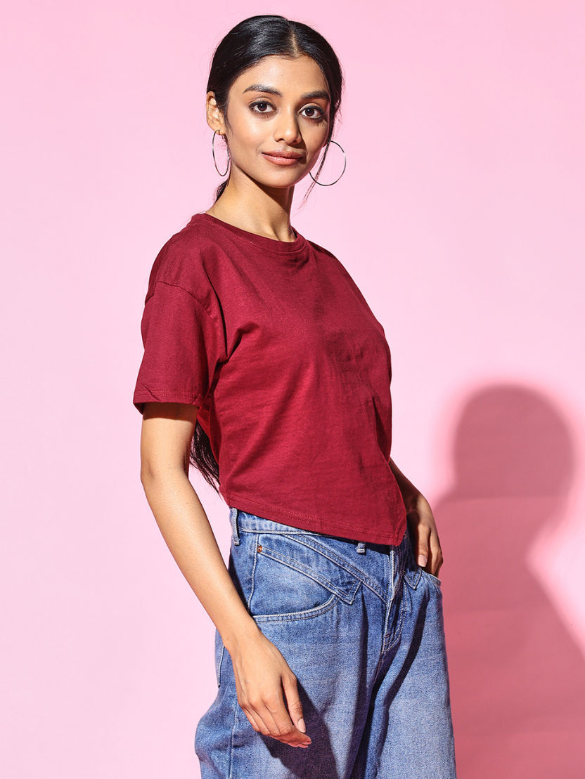 Sthula's Maroon Cotton V-Style T-Shirt for Women
