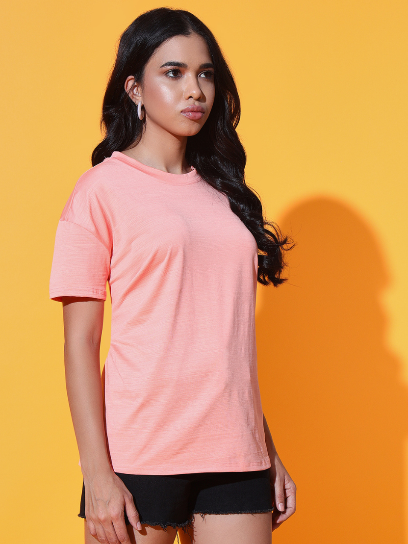 Sthula's Women Peach Solid Viscose Back Cut T-Shirt