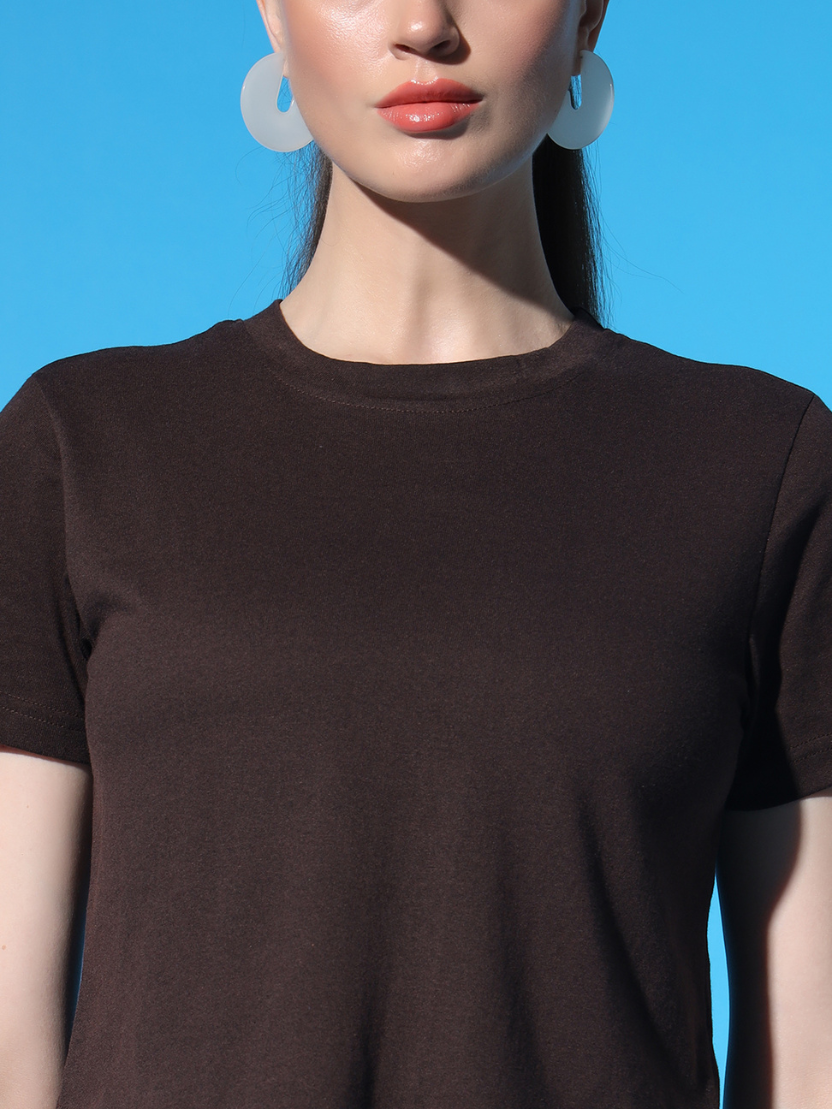 Sthula's Brown Cotton V-Style T-Shirt for Women