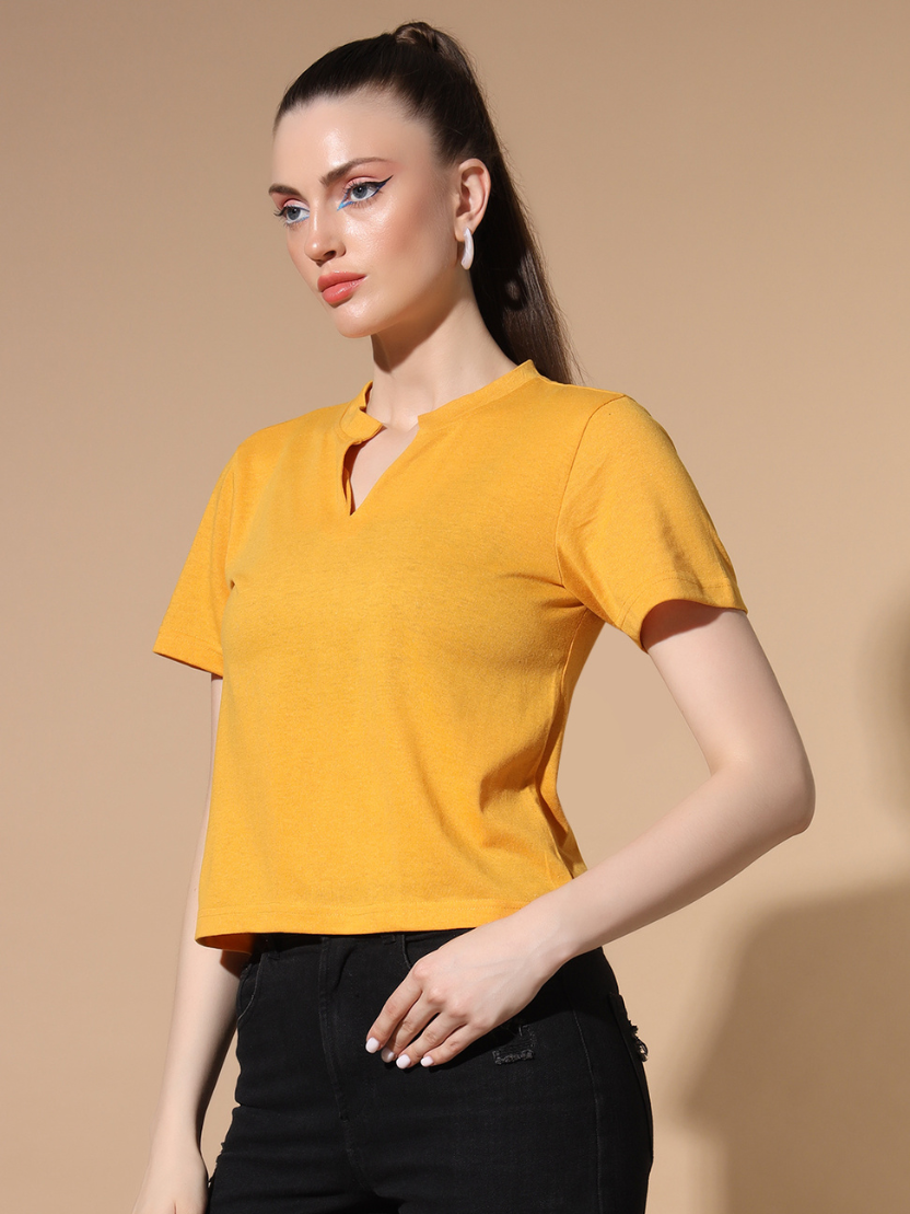 Sthula's Yellow Cotton V-Neck Crop Top for Women
