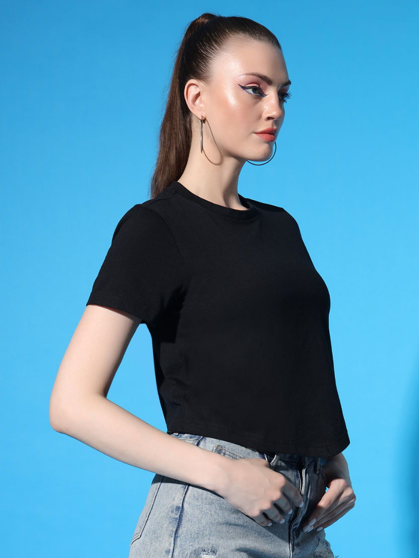 Sthula's Black V-Style Cotton T-Shirt for Women