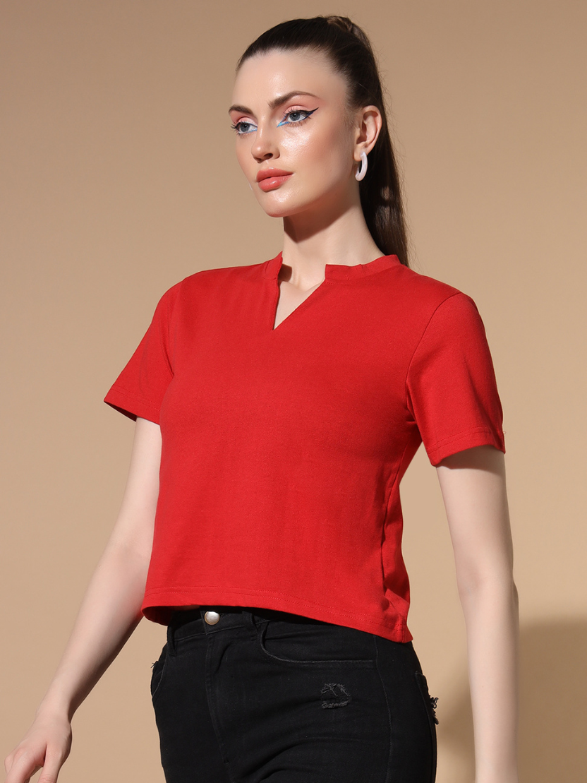 Sthula's Red Cotton V-Neck Crop Top for Women
