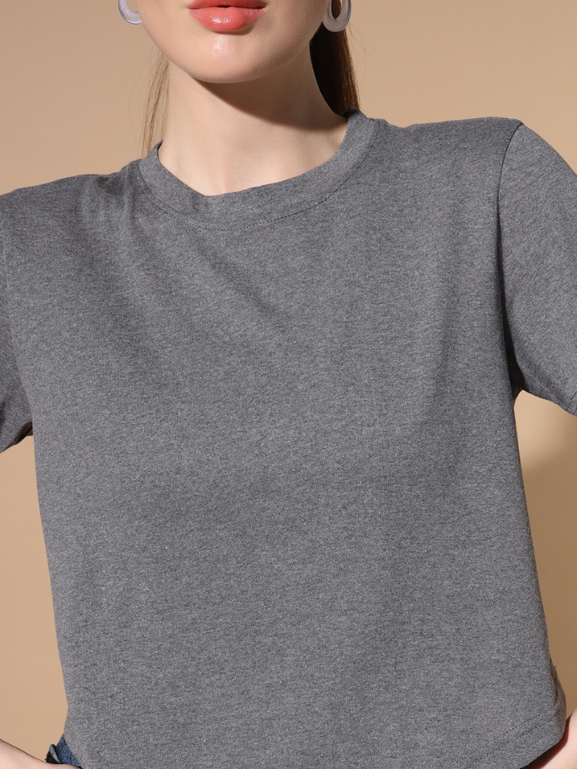 Sthula's Grey Cotton V-Style T-Shirt for Women
