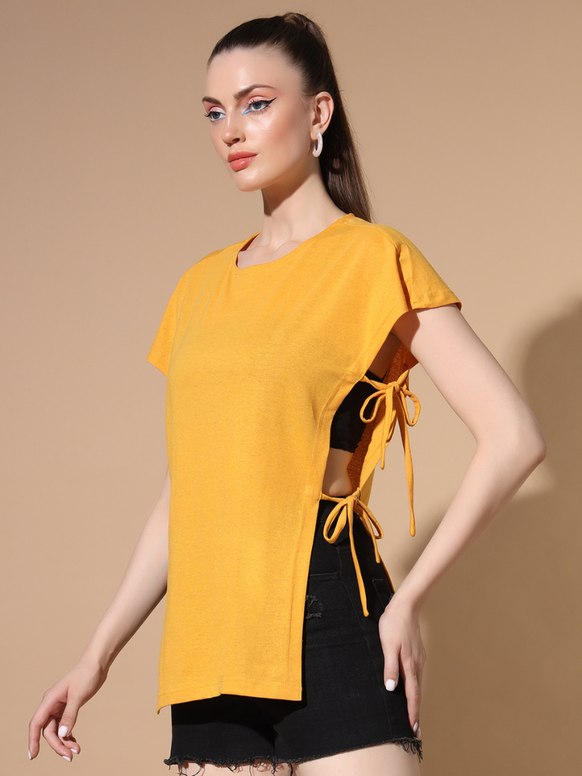 Sthula's Women Yellow Solid Cotton Side Cut Top