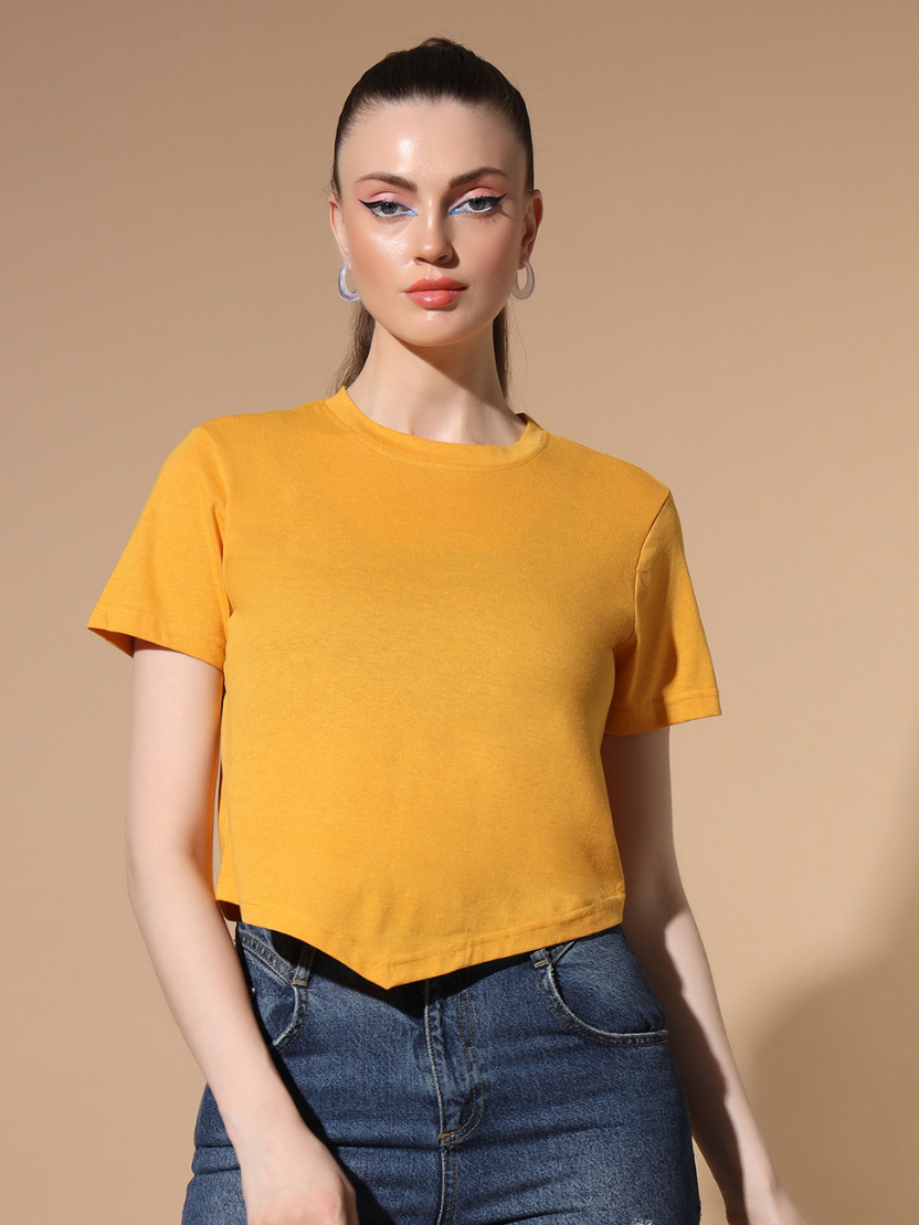 Sthula's Yellow Cotton V-Style T-Shirt for Women