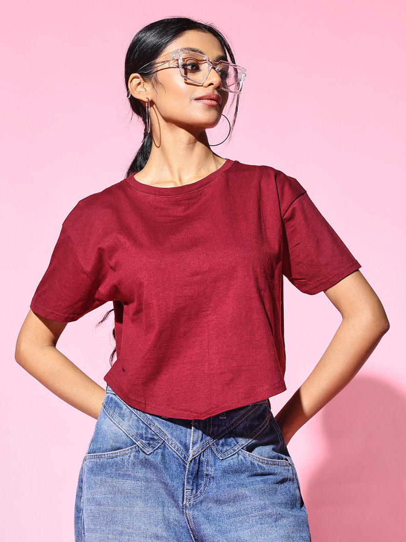 Sthula's Maroon Cotton V-Style T-Shirt for Women
