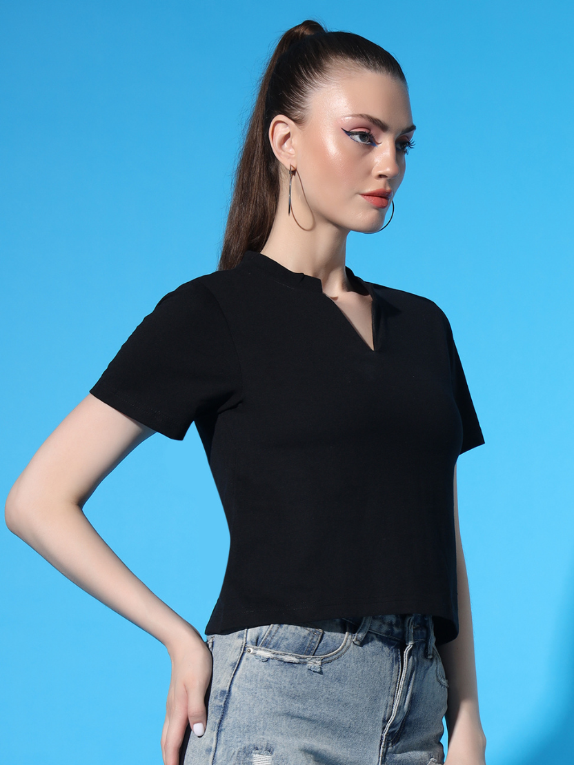 Sthula's Black Cotton V-Neck Crop Top for Women
