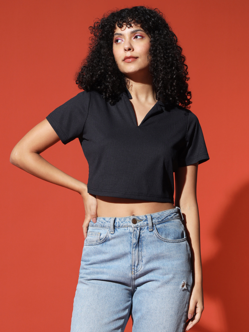 Sthula's Women Black Ribbed Solid Cotton Collar Crop Top