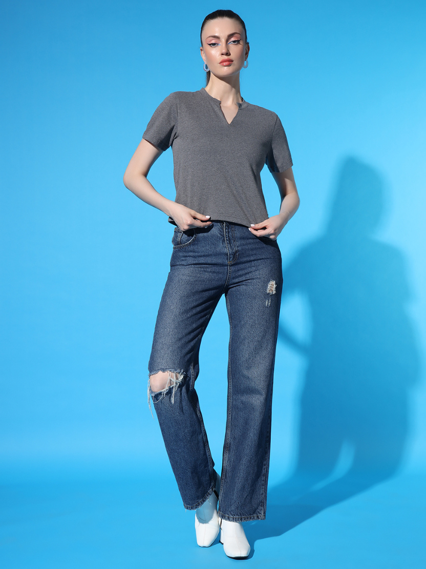 Sthula's Dark Grey Cotton V-Neck Crop Top for Women