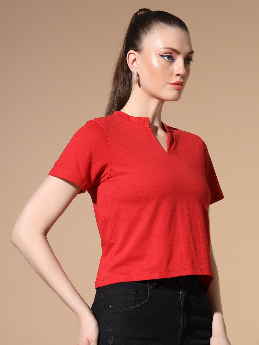 Sthula's Red Cotton V-Neck Crop Top for Women