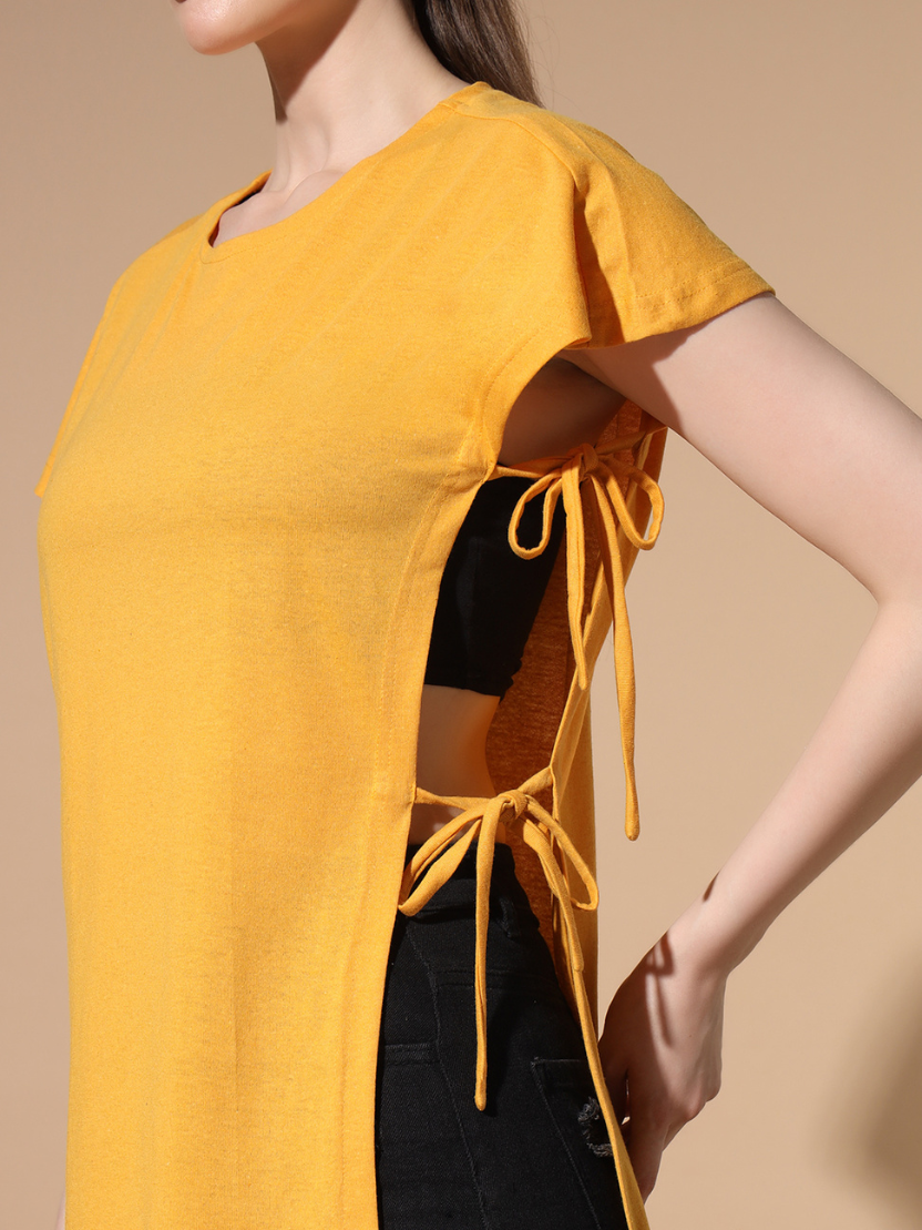 Sthula's Women Yellow Solid Cotton Side Cut Top