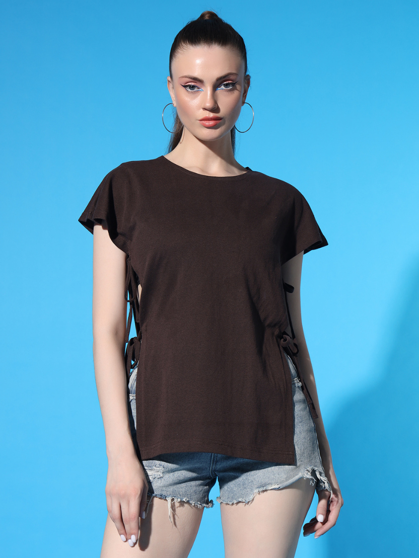 Sthula's Women Brown Solid Cotton Side Cut Top