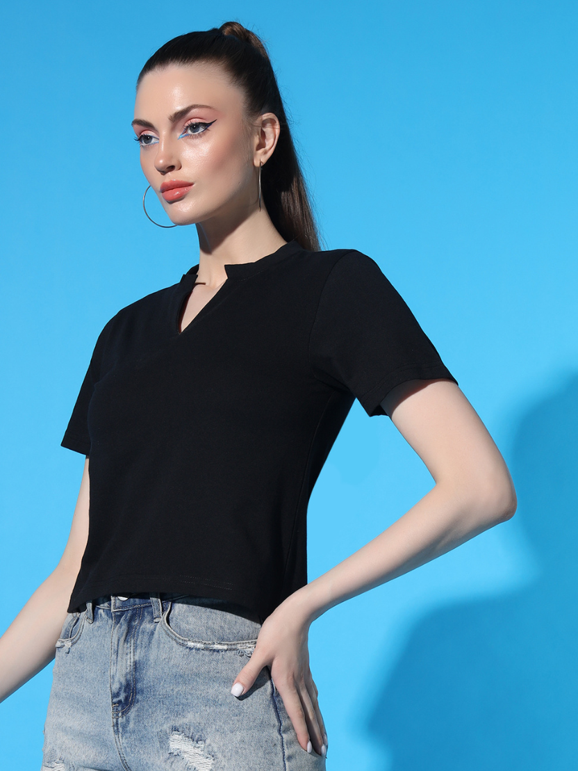 Sthula's Black Cotton V-Neck Crop Top for Women