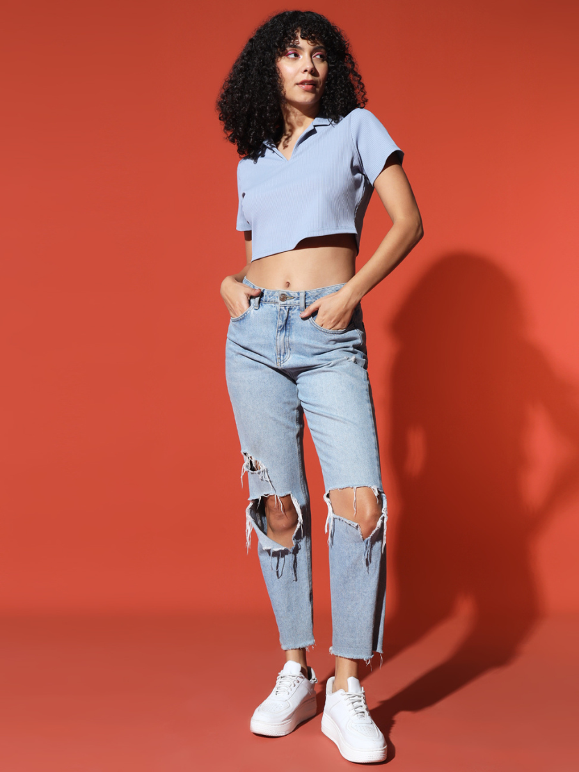 Sthula's Women Light Blue Ribbed Solid Cotton Collar Crop Top