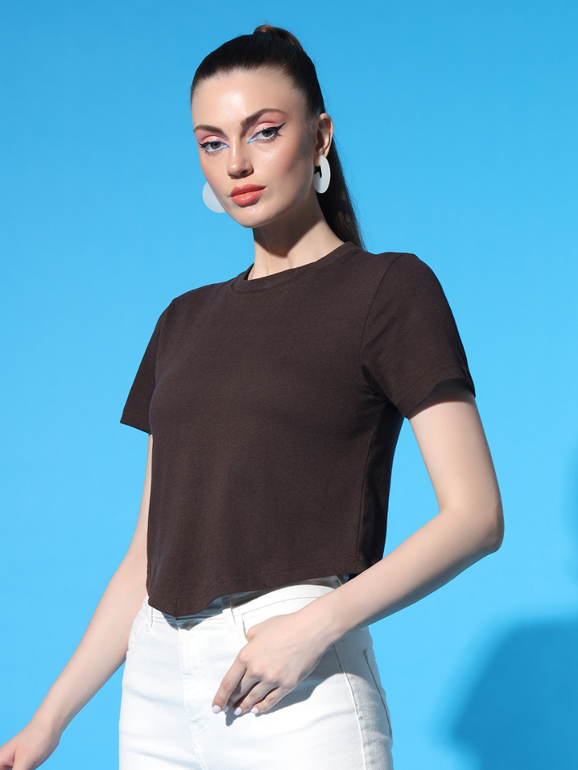 Sthula's Brown Cotton V-Style T-Shirt for Women