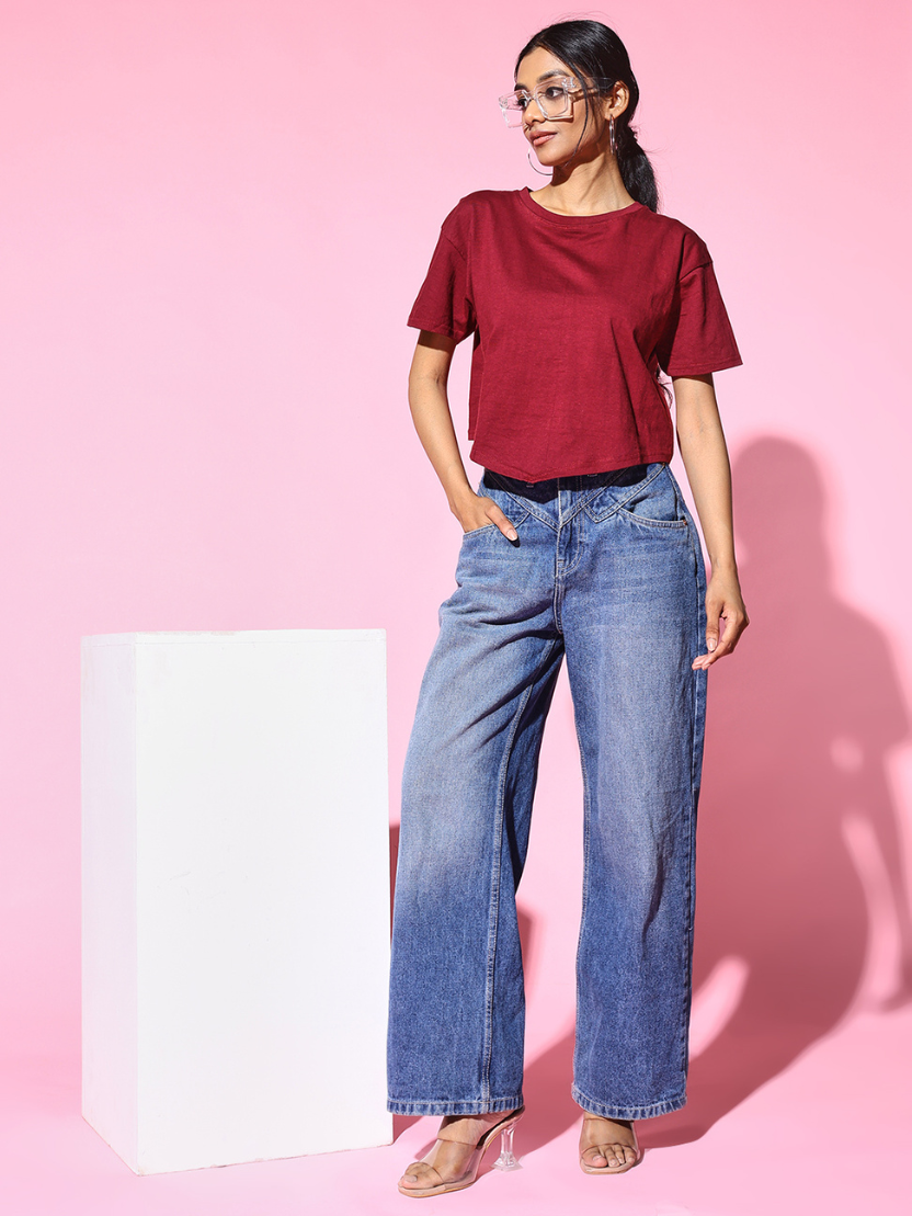 Sthula's Maroon Cotton V-Style T-Shirt for Women