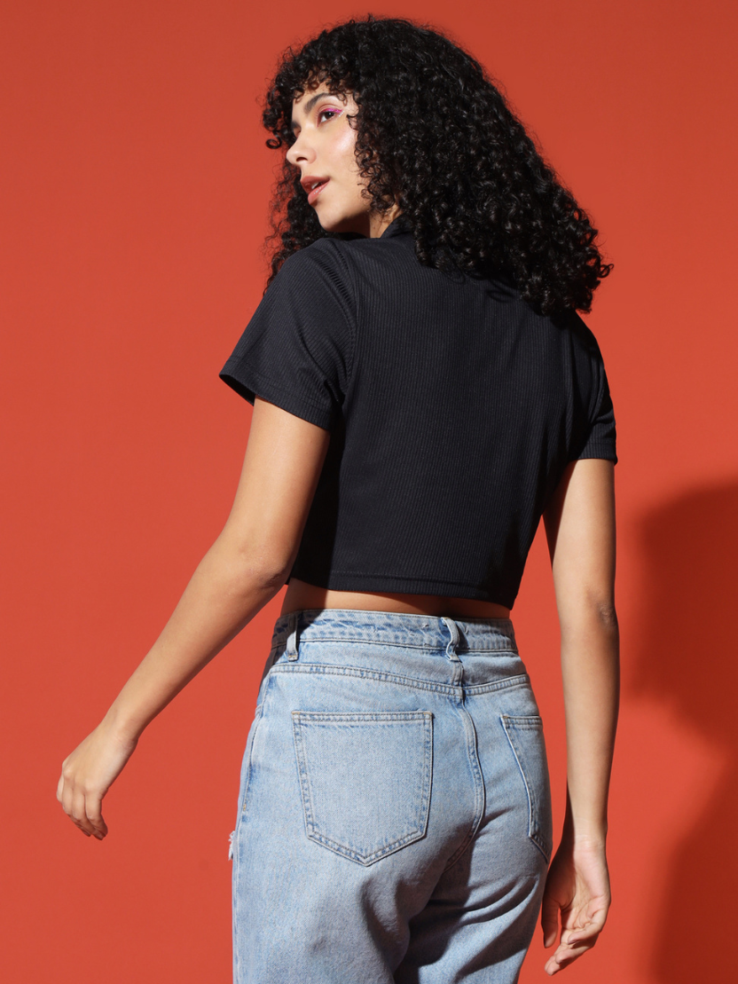 Sthula's Women Black Ribbed Solid Cotton Collar Crop Top