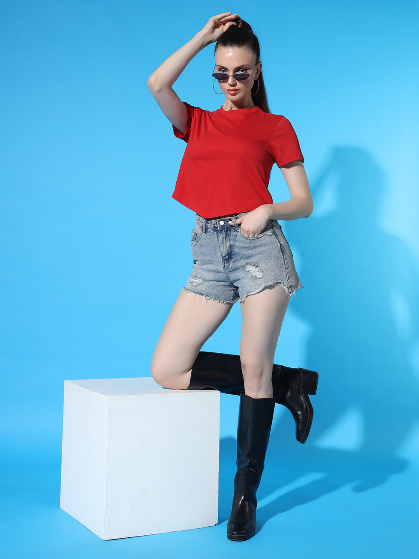 Sthula's Red Cotton V-Style T-Shirt for Women