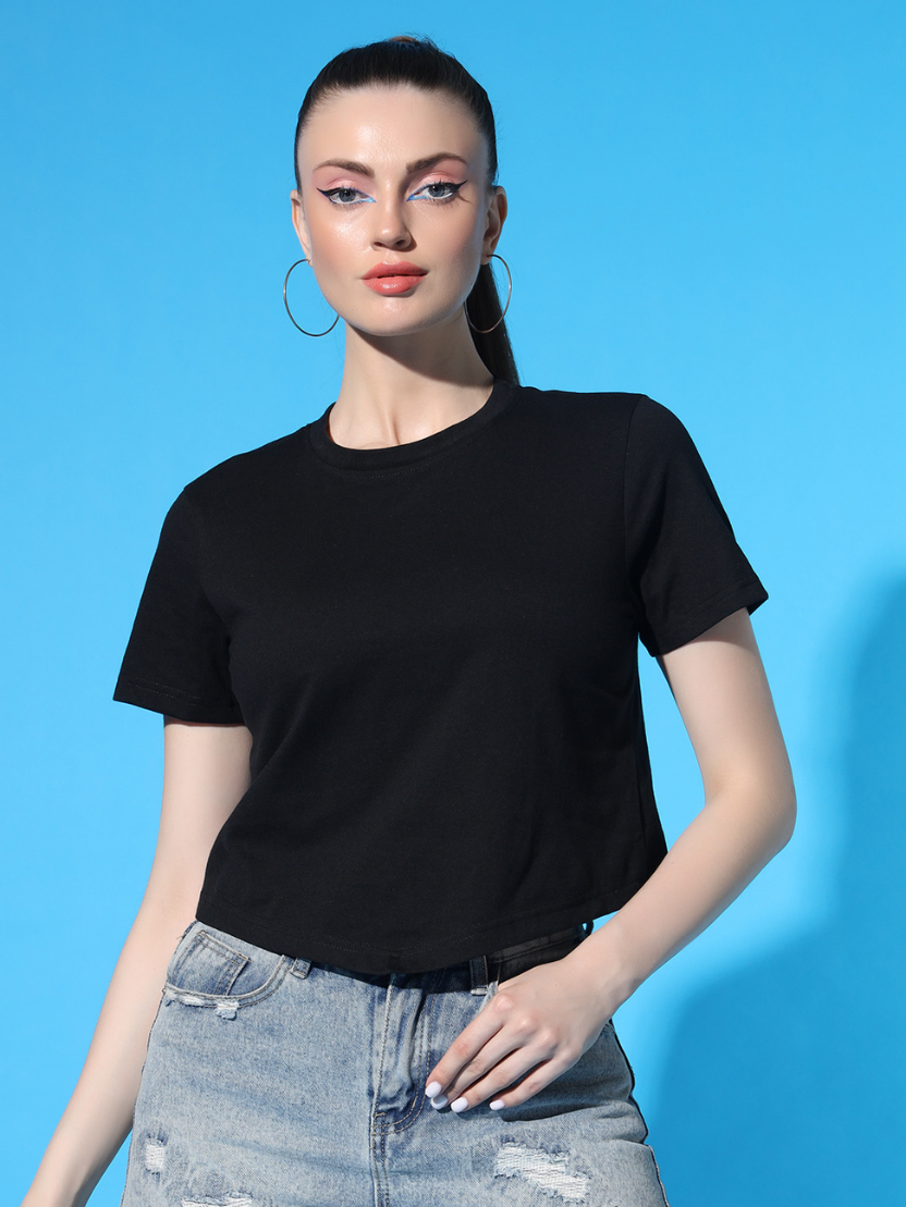 Sthula's Black V-Style Cotton T-Shirt for Women