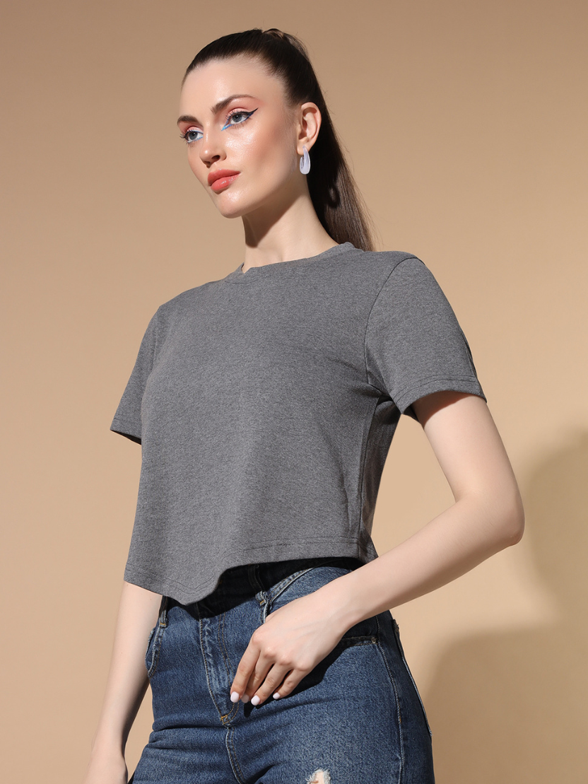Sthula's Grey Cotton V-Style T-Shirt for Women