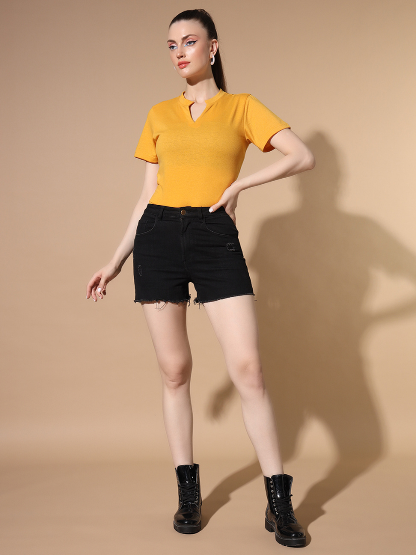 Sthula's Yellow Cotton V-Neck Crop Top for Women