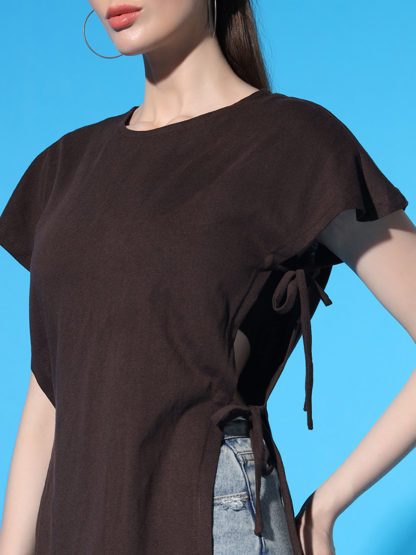 Sthula's Women Brown Solid Cotton Side Cut Top