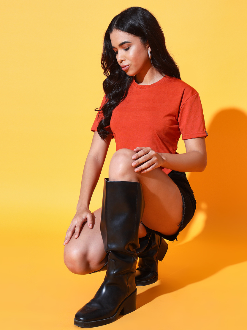 Sthula's Women Orange Solid V-Style Viscose Crop Top