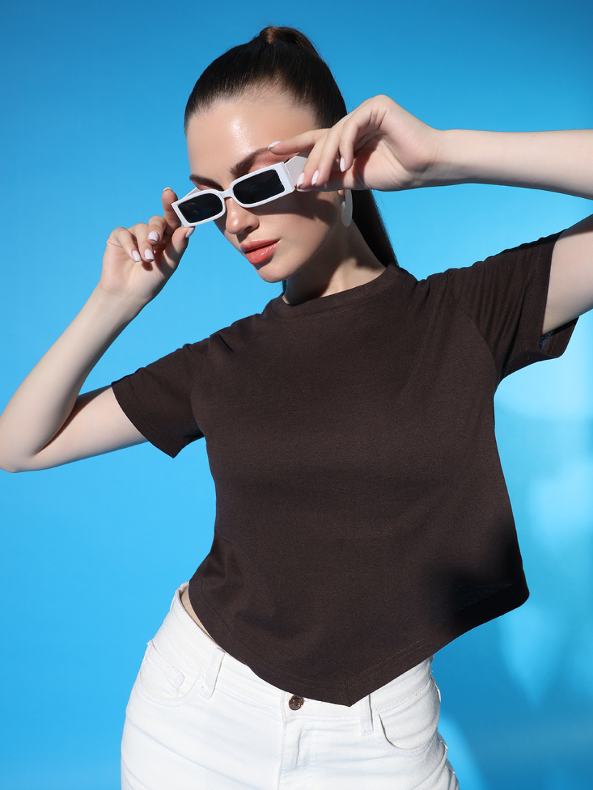 Sthula's Brown Cotton V-Style T-Shirt for Women