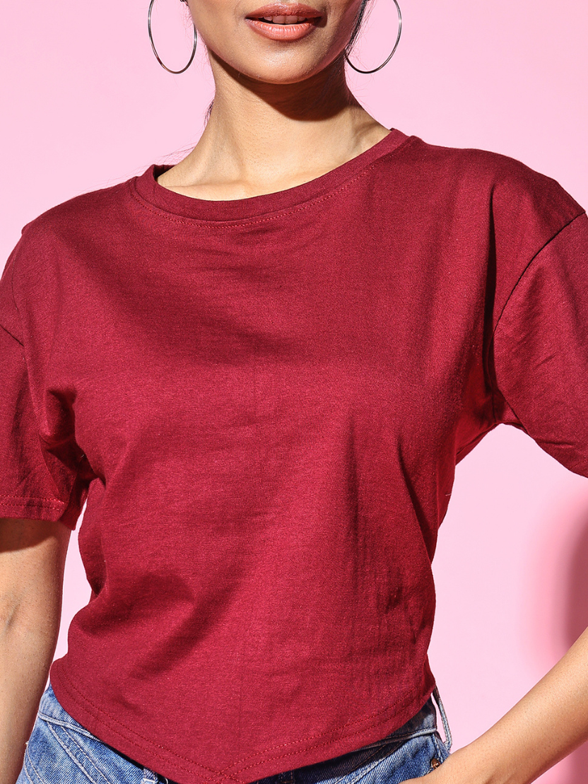 Sthula's Maroon Cotton V-Style T-Shirt for Women